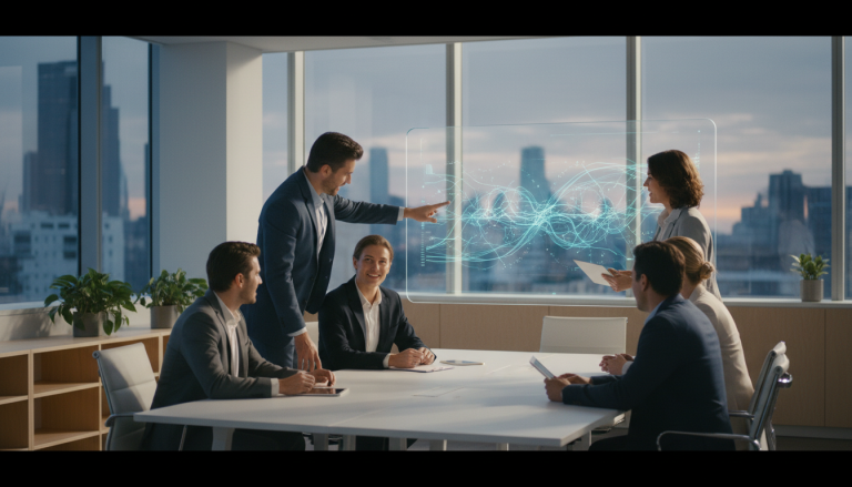 Zespół ekspertów z agencji reklamowej Mayko w Białymstoku analizuje wyniki kampanii Facebook Ads na nowoczesnych monitorach.